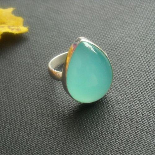 Aqua blue chalcedony ring, Tear drop gemstone artisan silver ring