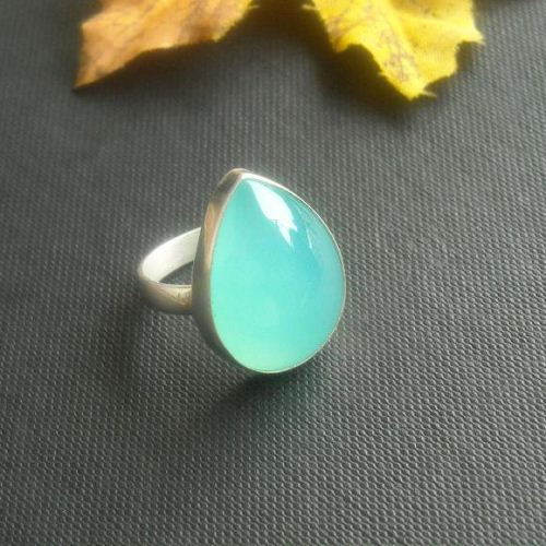 Aqua blue chalcedony ring, Tear drop gemstone artisan silver ring