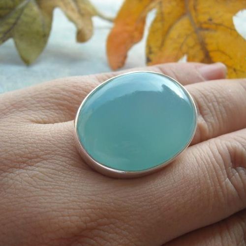 Aqua chalcedony ring, Aqua bold oval artisan silver ring