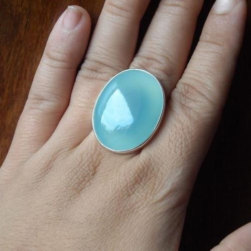 Aqua chalcedony ring, Aqua bold oval artisan silver ring