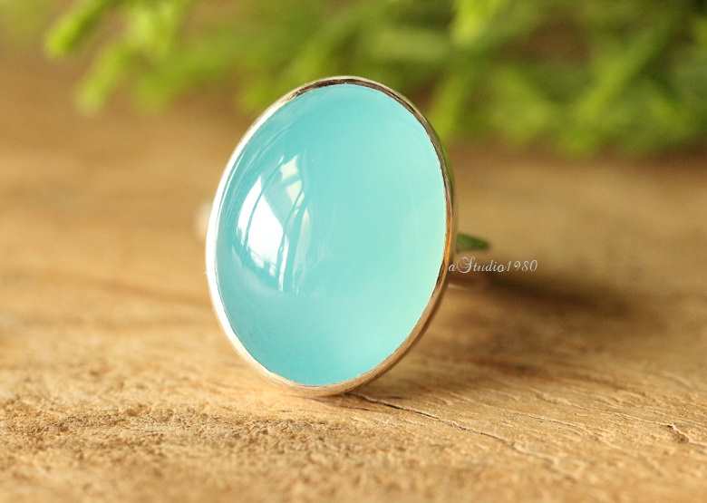 Aqua chalcedony sterling silver gemstone ring, Oval gemstone ring