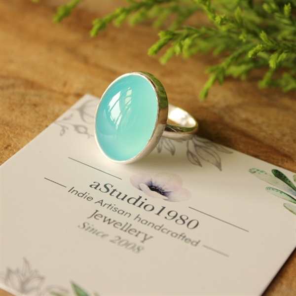 Aqua chalcedony sterling silver gemstone ring, Oval gemstone ring