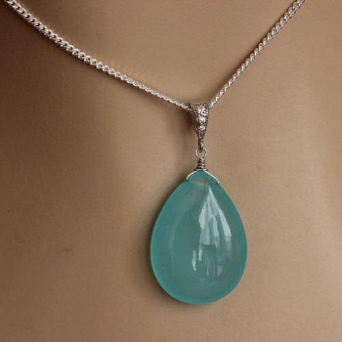 Aqua pendant  - Aqua chalcedony drop silver pendant - Bridal Gift