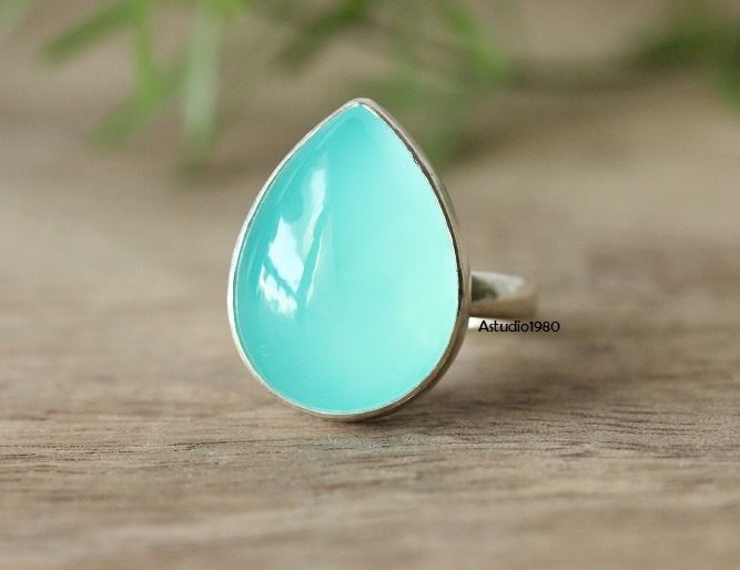 Aqua ring, Aqua blue chalcedony ring, Tear drop bold silver ring