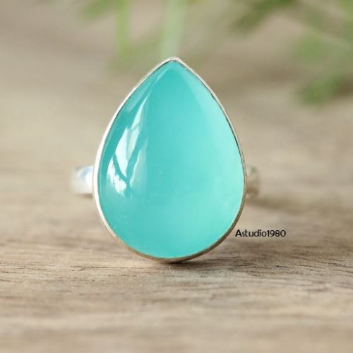 Aqua ring, Aqua blue chalcedony ring, Tear drop bold silver ring