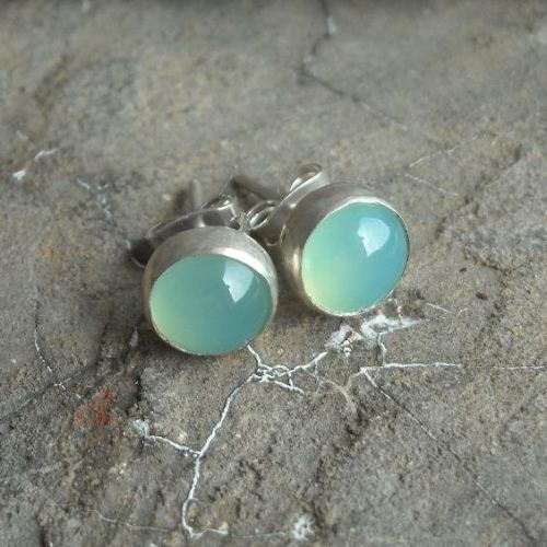 Aqua stud earrings, 8mm round chalcedony silver studs