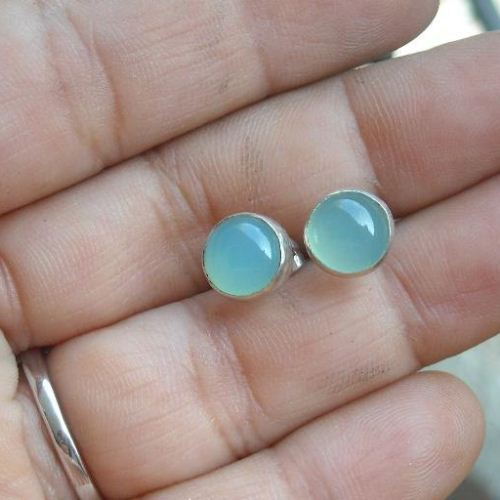 Aqua stud earrings, 8mm round chalcedony silver studs