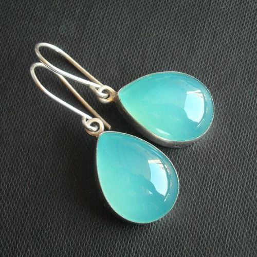 Aqua tear drop earrings, Aqua blue chalcedony silver hook earrings