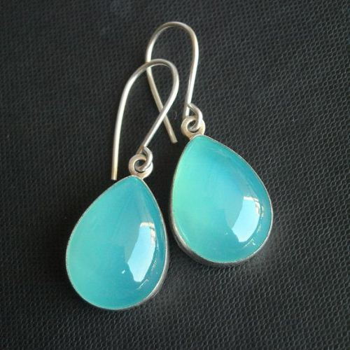 Aqua tear drop earrings, Aqua blue chalcedony silver hook earrings