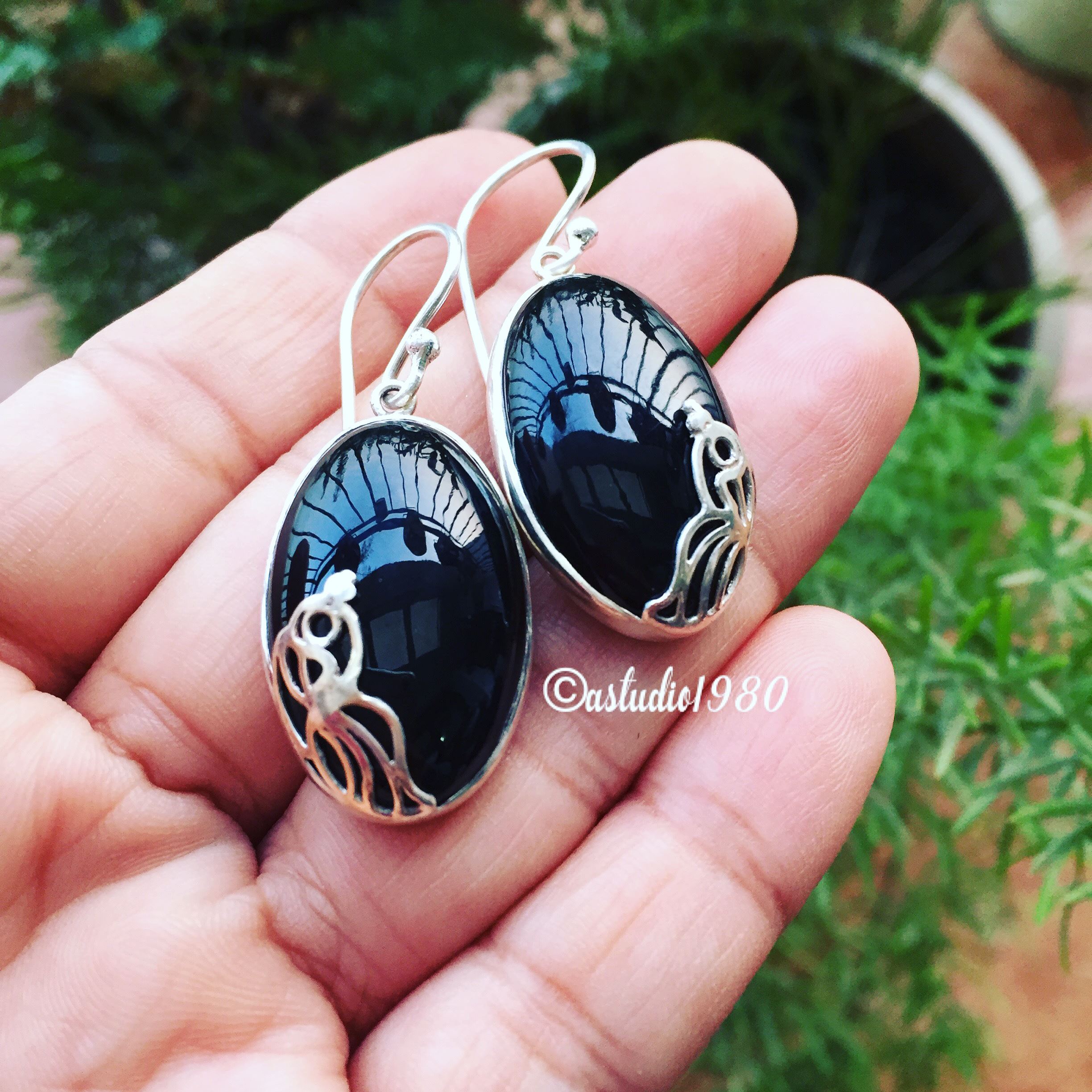 Artisan black onyx earrings, Black oval earrings sterling silver bezel