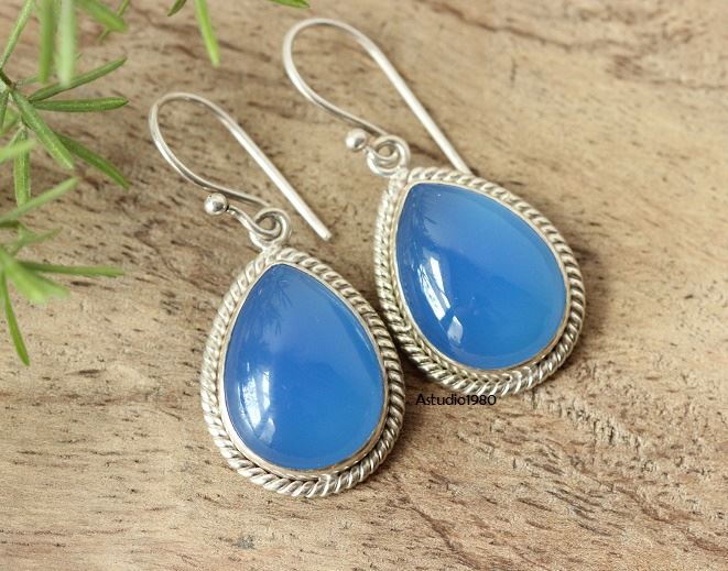 Artisan Bridal earrings Blue gemstone