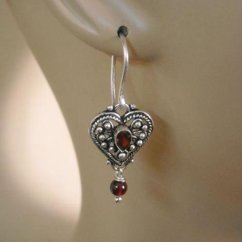 Artisan Ethnic Garnet heart sterling silver gemstone earrings