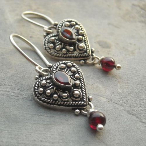 Artisan Ethnic Garnet heart sterling silver gemstone earrings