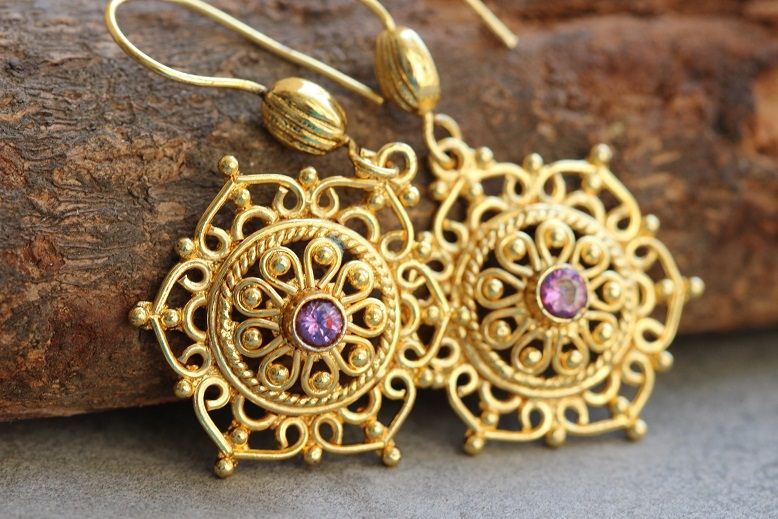 Artisan Gold snowflake amethyst earrings