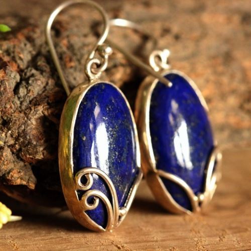 Blue lapis cabochon earrings, 925 Sterling silver fish hook earrings