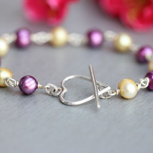 Artisan Pearl bracelet, Handmade gemstone heart silver bracelet