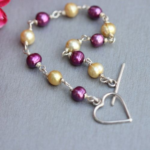 Artisan Pearl bracelet, Handmade gemstone heart silver bracelet