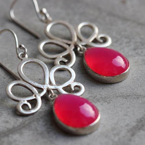 Artisan Pink earrings, Bridal earrings, Chalcedony silver earrings