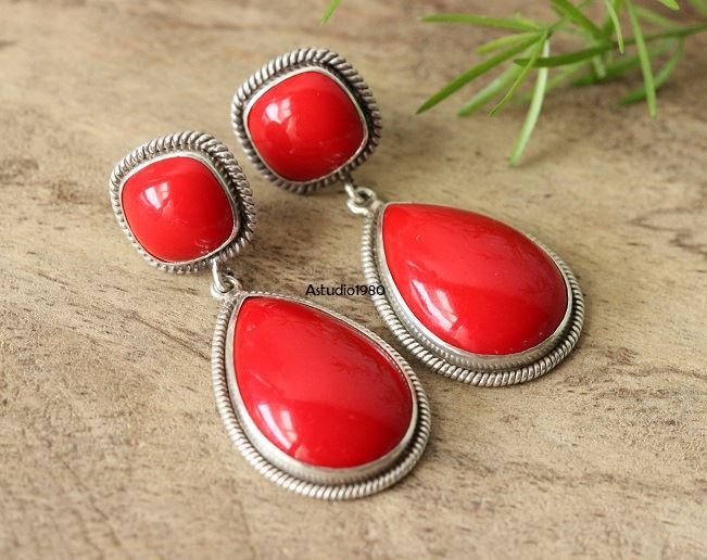Artisan Red Coral earrings - Coral dangle silver earrings jewelry