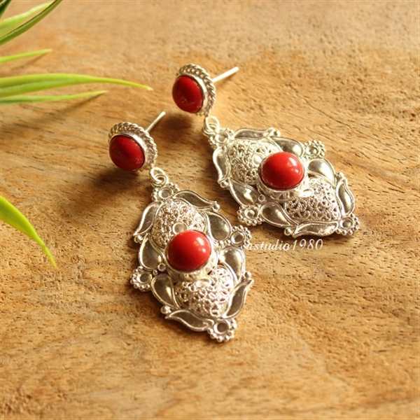 Artisan Red Coral earrings handmade sterling silver earrings 