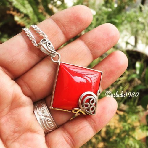 Artisan silver pendants, Red coral pendant chain, Bezel set pendant 