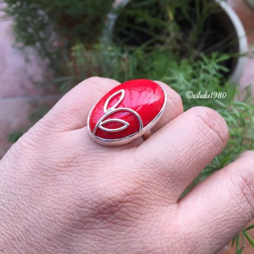 Artisan red coral ring, Oval red coral gemstone silver ring