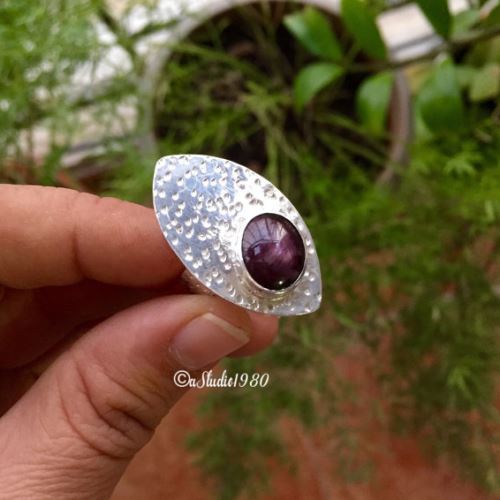 Indian star ruby ring, 925 sterling silver rings, Hammered silver ring