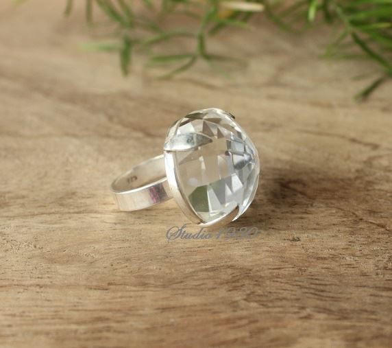 Artisan silver crystal ring, Handmade round faceted ring