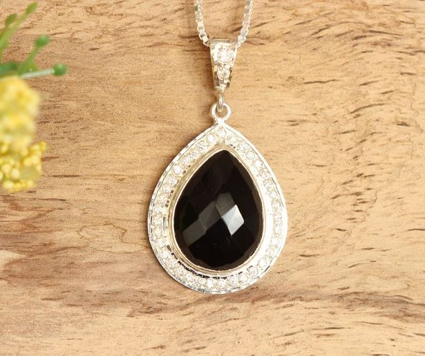 Artisan black onyx pendant - Zircon studded silver pendant