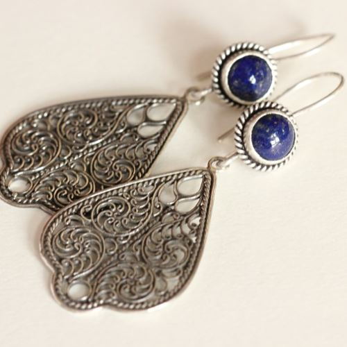 Artisan lapis filigree sterling silver handmade earrings