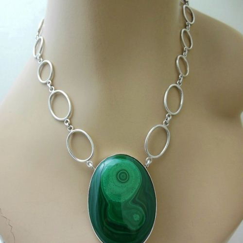 Artisan necklace, Statement malachite silver pendant necklace