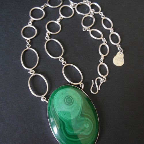 Artisan necklace, Statement malachite silver pendant necklace
