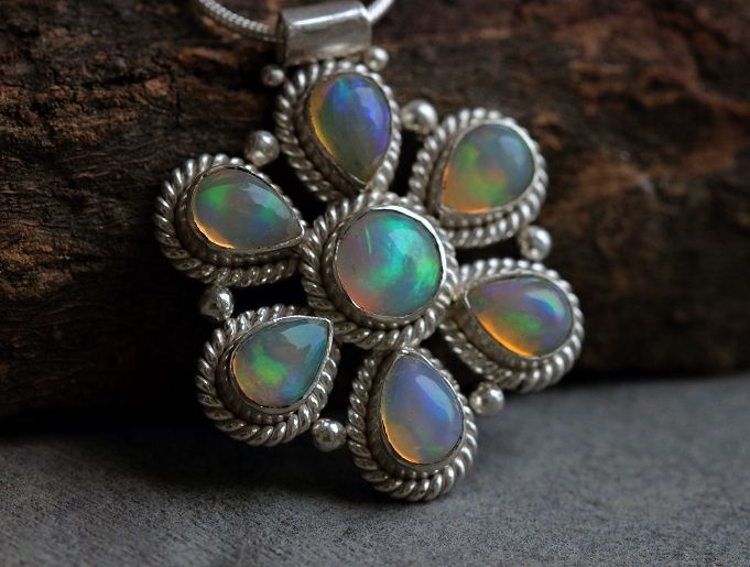 Artisan pendant, Genuine natural opal silver pendant 