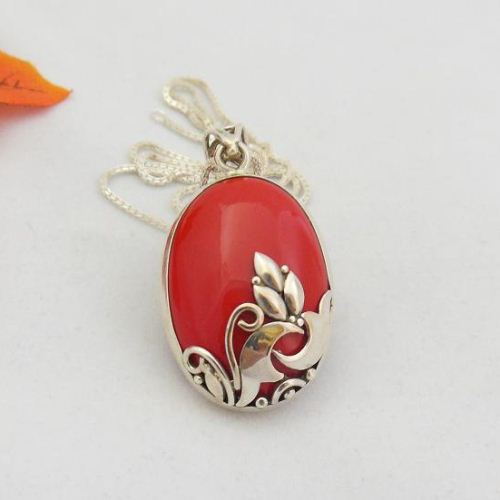 Red coral sterling silver pendant, Artisan handmade pendant