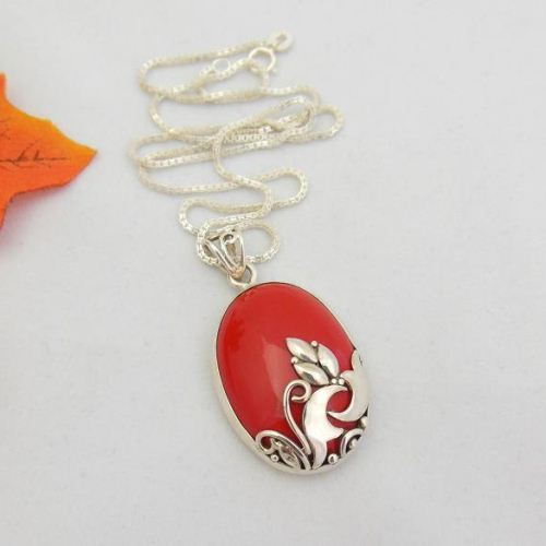 Red coral sterling silver pendant, Artisan handmade pendant