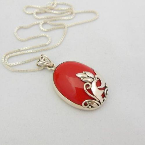 Red coral sterling silver pendant, Artisan handmade pendant