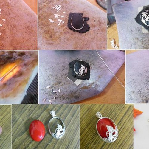 Red coral sterling silver pendant, Artisan handmade pendant