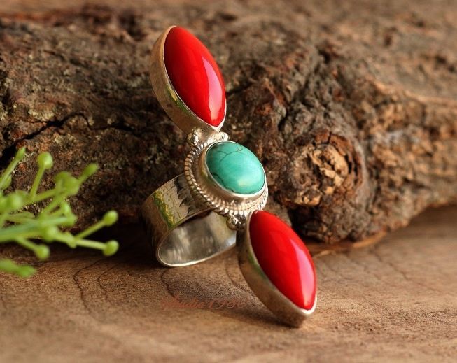 Turquoise and red coral ring, Handmade statement jewelry rings silver