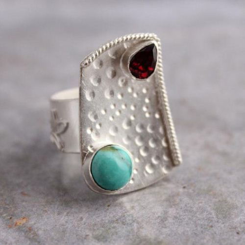 Artisan rings, Handmade jewelry, Turquoise garnet silver ring 