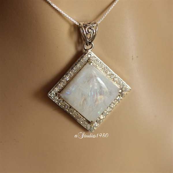 Artisan square Rainbow moonstone pendant necklace CZ silver