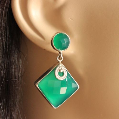 Artisan statement jewelry earrings, Faceted green onyx earrings silver
