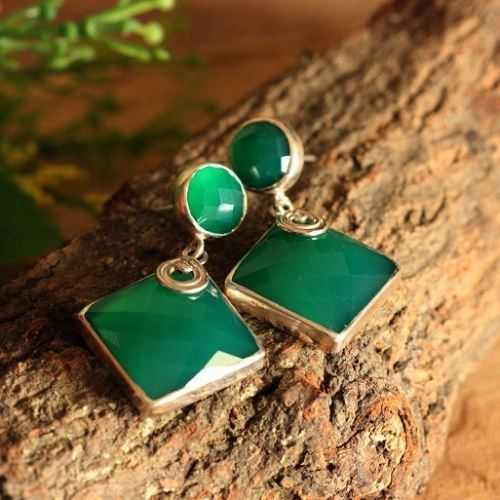 Artisan statement jewelry earrings, Faceted green onyx earrings silver