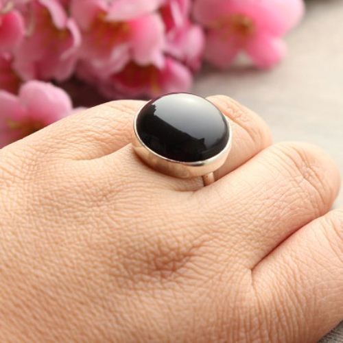 Silver ring - Black ring - Black onyx round ring