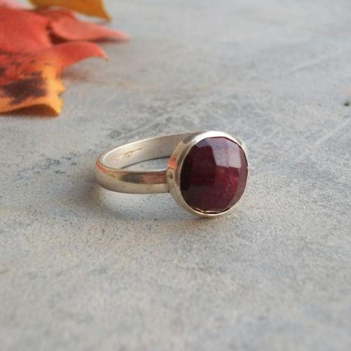 Bezel set genuine ruby ring - Faceted round 925 sterling silver ring