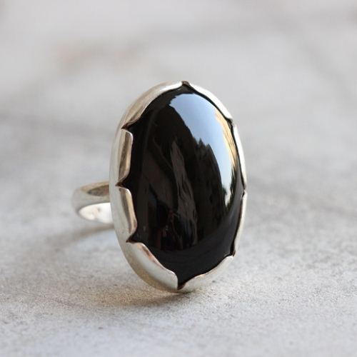 Black onyx artisan ring, Black onyx oval silver ring 