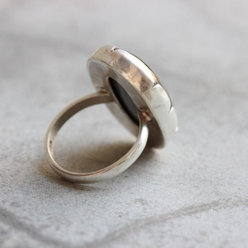 Black onyx artisan ring, Black onyx oval silver ring 