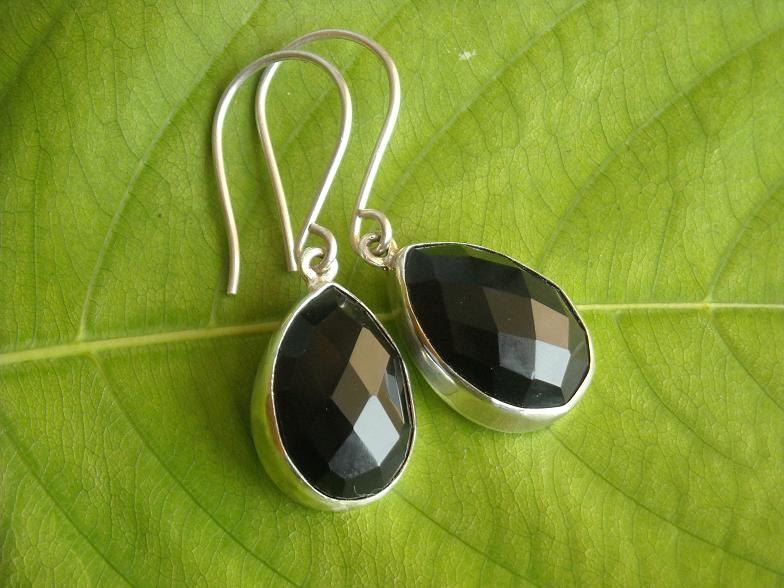 Black onyx earrings, Tear drop silver earrings, Faceted stone earrings
