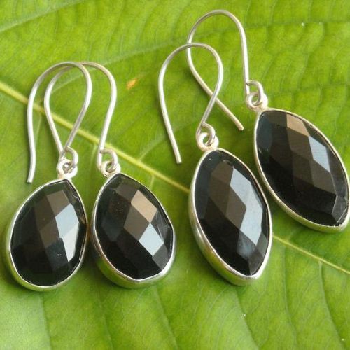 Black onyx earrings, Tear drop silver earrings, Faceted stone earrings