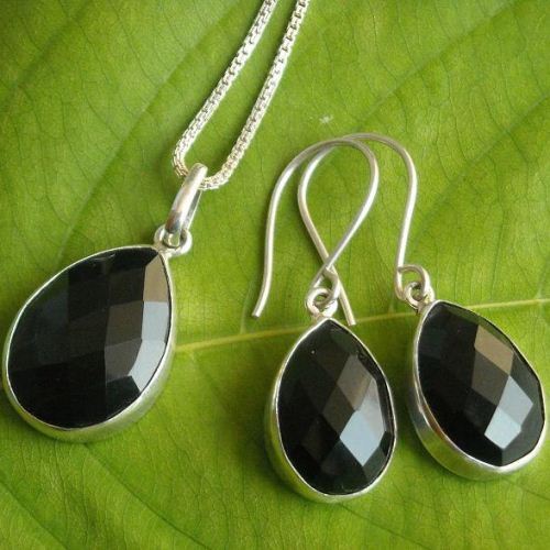 Black onyx earrings, Tear drop silver earrings, Faceted stone earrings