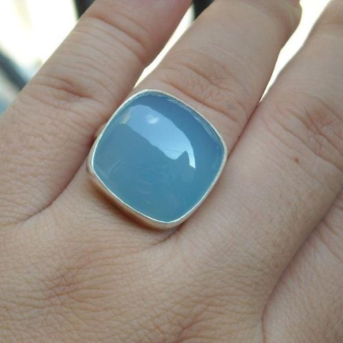 Blue Chalcedony Jewelry, Aqua blue Chalcedony silver ring, Cushion cut